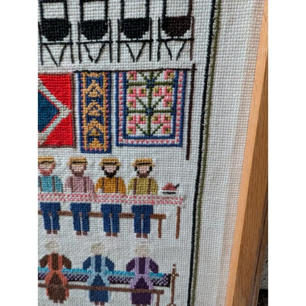 Vintage Barnraising Needlepoint Art Handcrafted Framed Cross Stitch Wall Decor - Picture 4 of 13